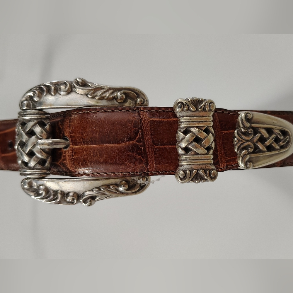 BRIGHTON VTG '95 BURNISHED BROWN CROC LEATHER BELT -SILVER SCROLL BUCKLE Size M